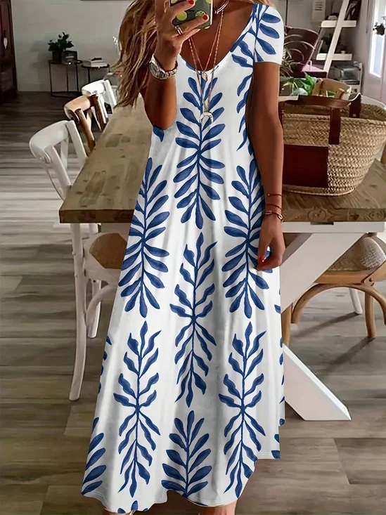 Women Floral Short Sleeve Summer Printing Dress V Neck Daily Casual Maxi X-Line Dress