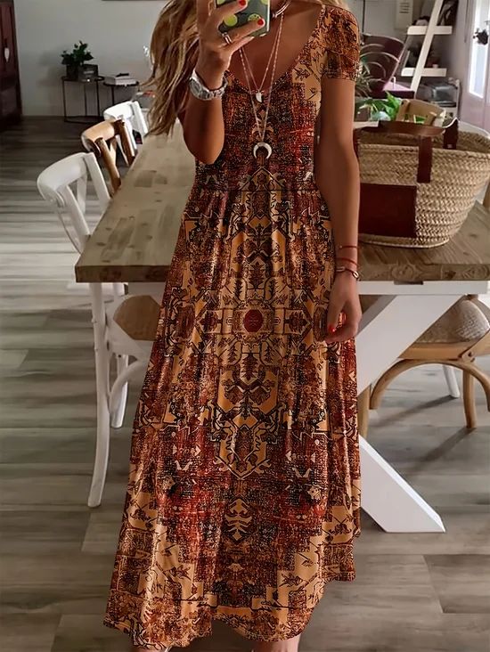 Women Floral Short Sleeve Summer Printing Dress V Neck Daily Casual Maxi X-Line Dress