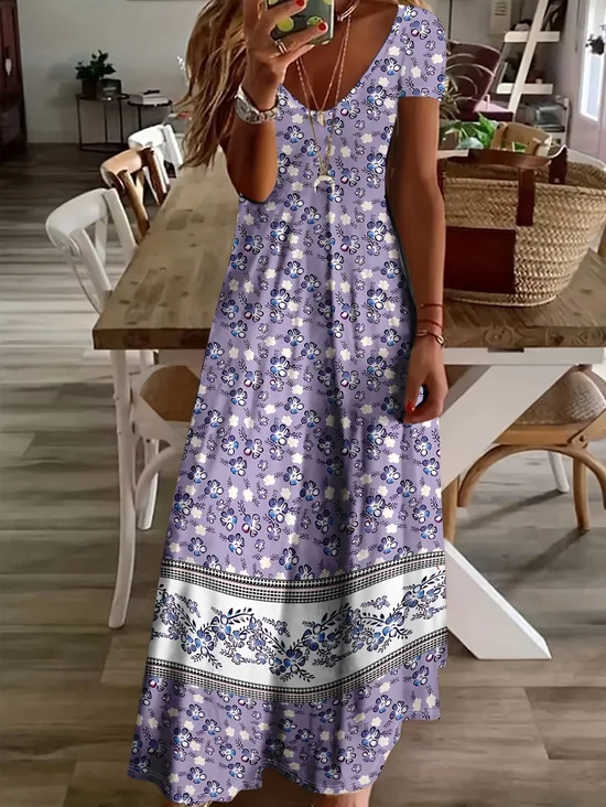 Women Floral Short Sleeve Summer Printing Dress V Neck Daily Casual Maxi X-Line Dress