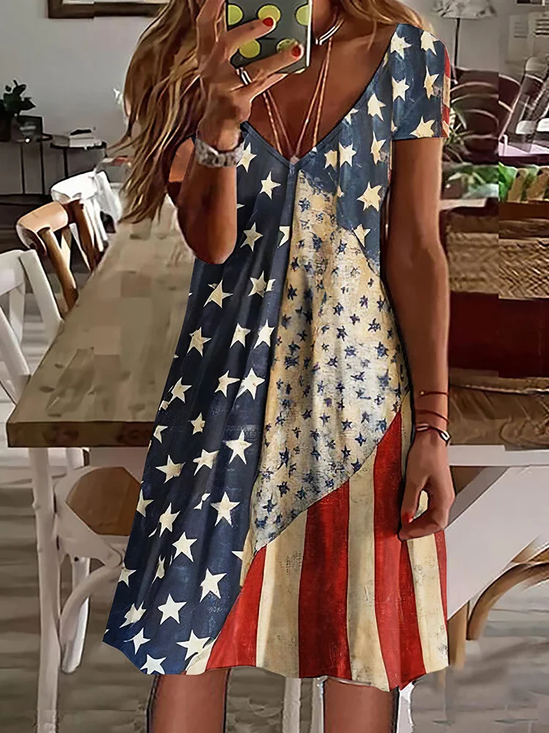 Women Independence Day (Flag) Short Sleeve Summer Printing Dress V Neck Daily Casual Midi Classic A-Line Dress
