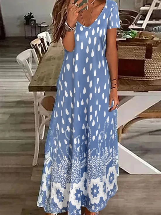 Women Floral Short Sleeve Summer Printing Dress V Neck Daily Casual Maxi X-Line Dress