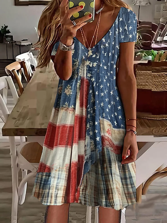 Women Independence Day (Flag) Short Sleeve Summer Printing Dress V Neck Daily Casual Midi Classic A-Line Dress