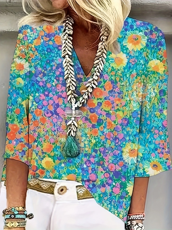 Women Floral Three Quarter Sleeve Blouse Spring/Fall Printing V Neck Daily Casual Top