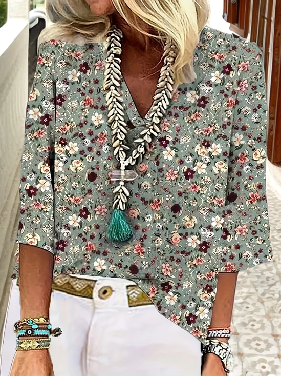 Women Floral Three Quarter Sleeve Blouse Spring/Fall Printing V Neck Daily Casual Top