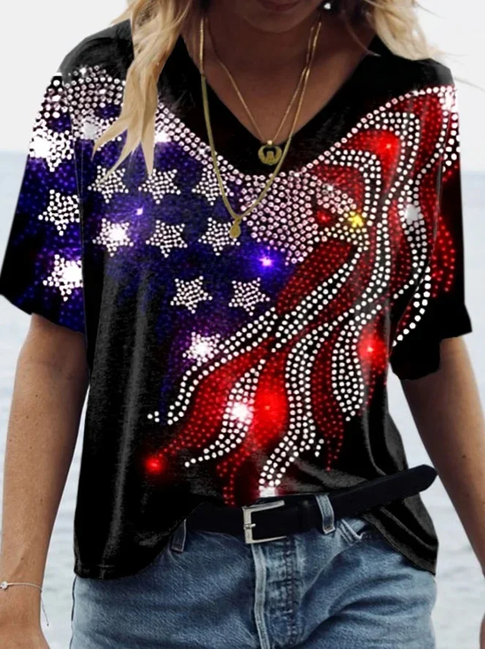 Women Independence Day (Flag) Short Sleeve Tee T-shirt V Neck Printing Casual Summer Graphic Tee Top