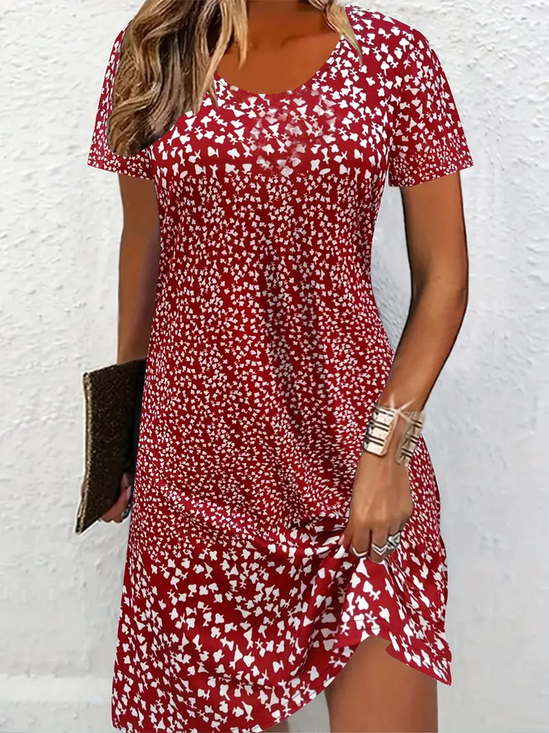 Women Ditsy Floral Short Sleeve Summer Printing Dress Crew Neck Daily Casual Mini Tunic H-Line Dress