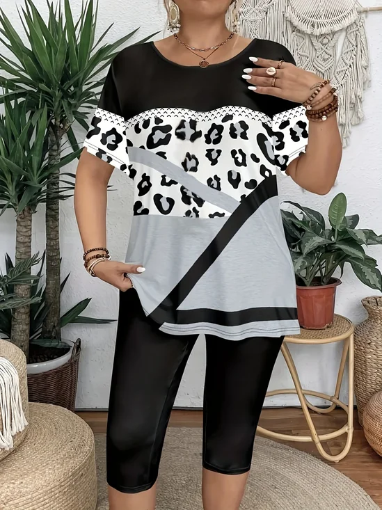 Women Leopard Short Sleeve Tee T-shirt Crew Neck Printing Casual Summer Graphic Tee Top