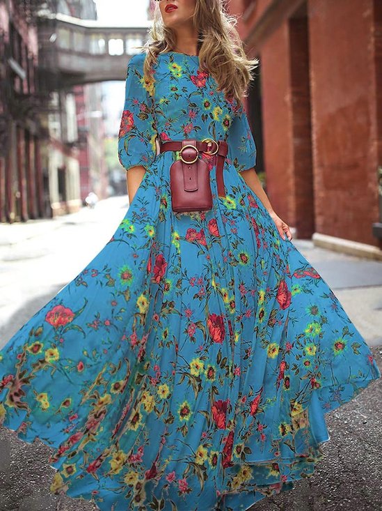 Women Floral Half Sleeve Summer Printing Dress Crew Neck Puff Sleeve Daily Casual Maxi Flowy Dress A-Line Dress