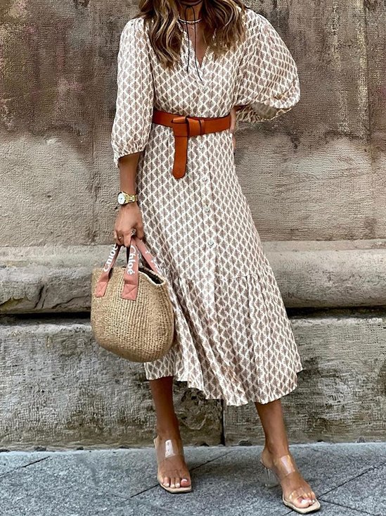 Women Geometric Short Sleeve Summer Printing Dress V Neck Puff Sleeve Daily Casual Maxi Shirt Dress A-Line Dress