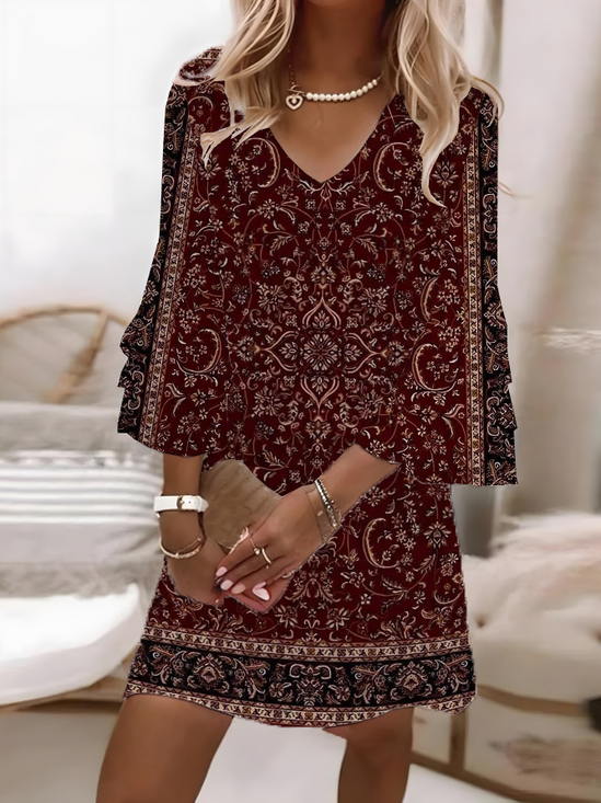 Women Floral Half Sleeve Summer Printing Dress V Neck Daily Casual Maxi H-Line Dress