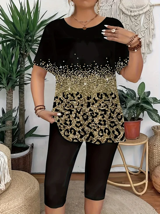 Women Leopard Short Sleeve Tee T-shirt Crew Neck Printing Casual Summer Graphic Tee Top