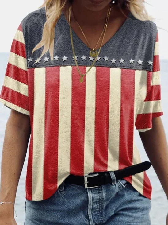 Women Independence Day (Flag) Short Sleeve Tee T-shirt V Neck Printing Casual Summer Graphic Tee Top