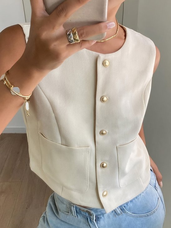 Women Sleeveless Tank Top Camisole Summer Plain Buckle Crew Neck Daily Simple Top
