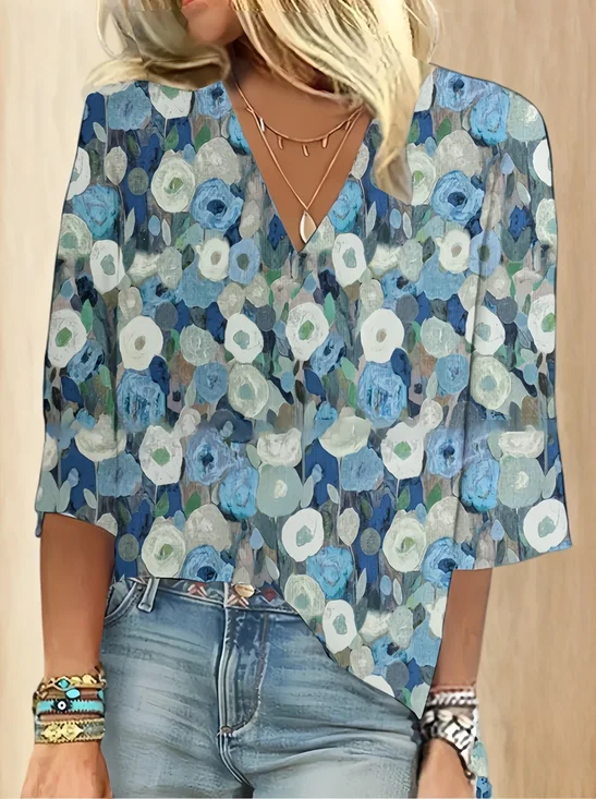 Women Floral Three Quarter Sleeve Blouse Spring/Fall Printing V Neck Daily Casual Top