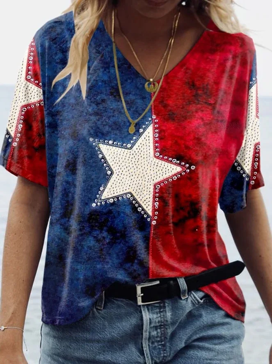 Women Independence Day (Flag) Short Sleeve Tee T-shirt V Neck Printing Casual Summer Graphic Tee Top