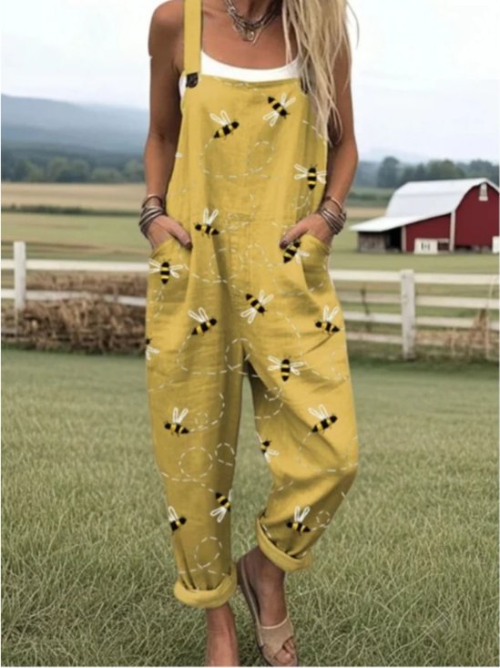 Women Animal Square Neck Gallus Casual Summer Cotton And Linen Jumpsuit