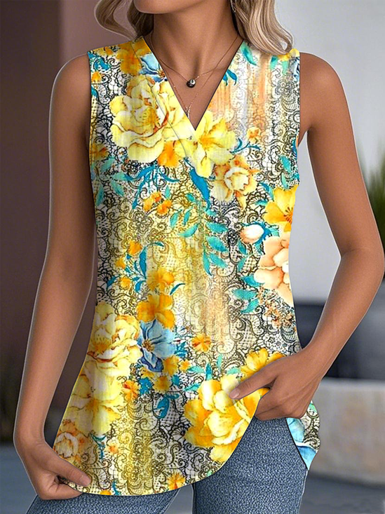 Women Sleeveless Tank Top Camisole Summer Floral V Neck Daily Casual Top