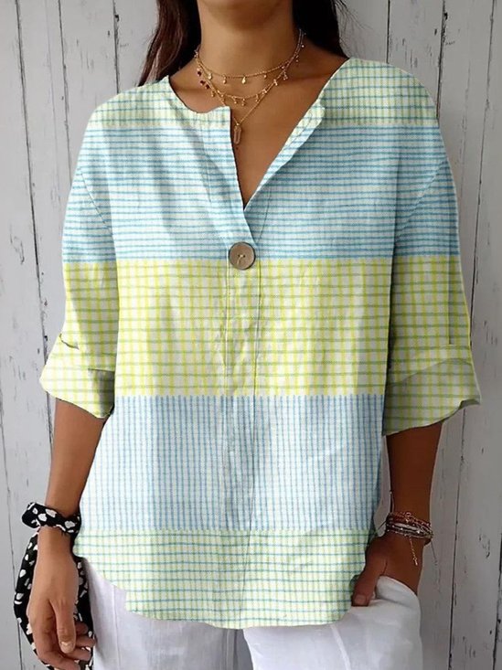 Women Striped Three Quarter Sleeve Blouse Spring/Fall Shawl Collar Daily Casual Top