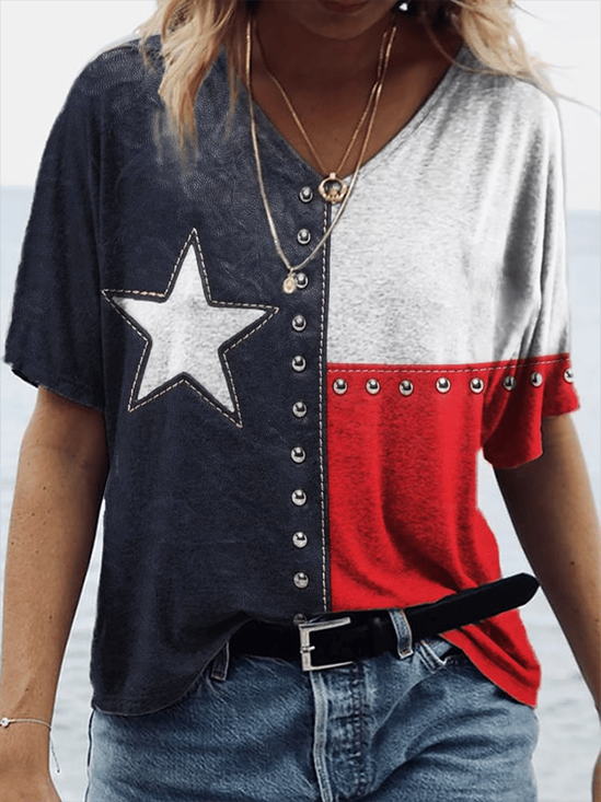 Women Independence Day (Flag) Short Sleeve Tee T-shirt V Neck Printing Casual Summer Graphic Tee Top
