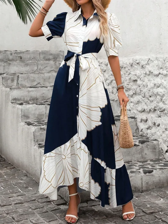 Women Geometric Short Sleeve Summer Printing Dress V Neck Puff Sleeve Daily Casual Maxi Shirt Dress A-Line Dress