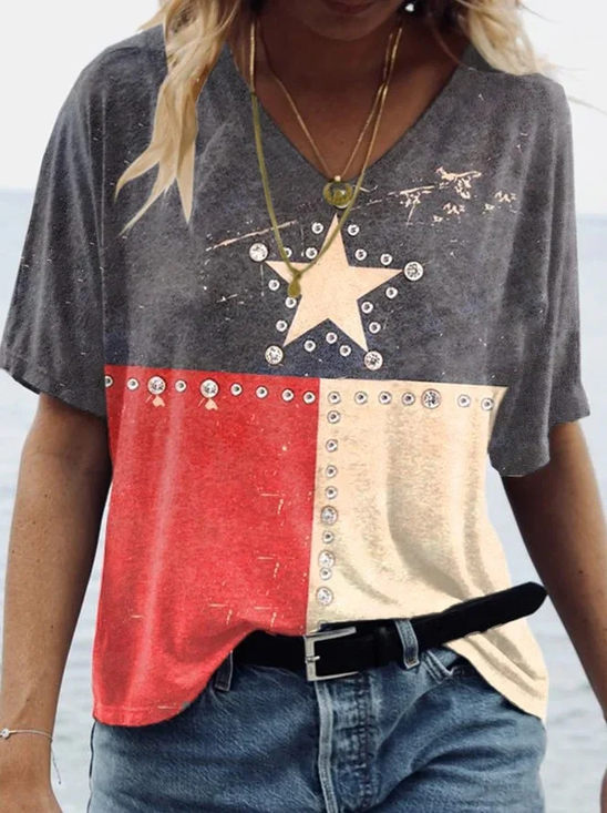 Women Star Short Sleeve Tee T-shirt V Neck Printing Casual Summer Graphic Tee Top