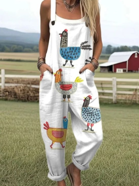 Women Animal Square Neck Gallus Casual Summer Cotton And Linen Jumpsuit