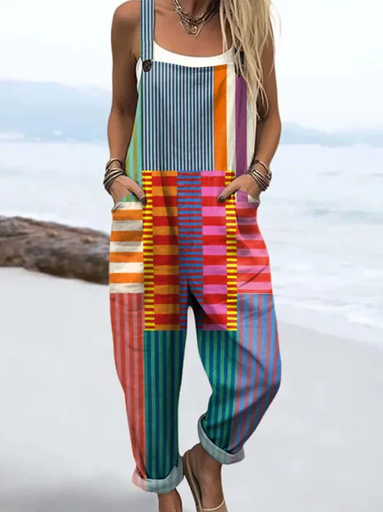 Women Striped Square Neck Sleeveless Casual Spring/Fall Bib Pants