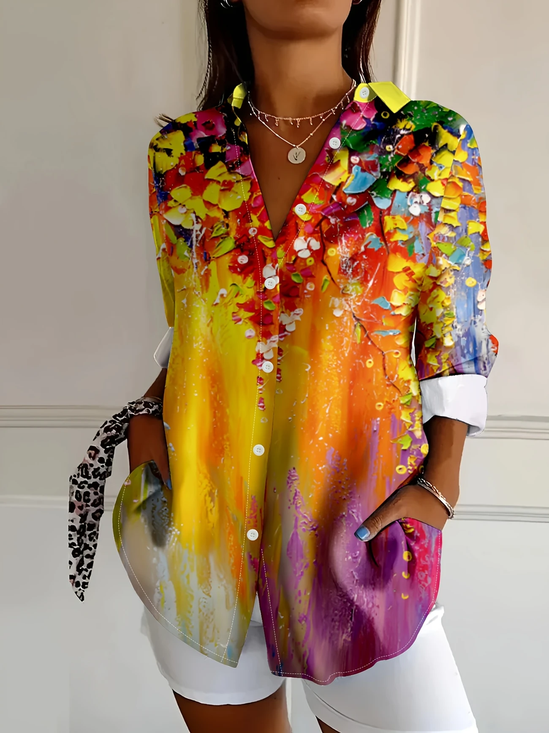 Women Floral Long Sleeve Shirt Spring/Fall Buckle Shirt Collar Daily Casual Top