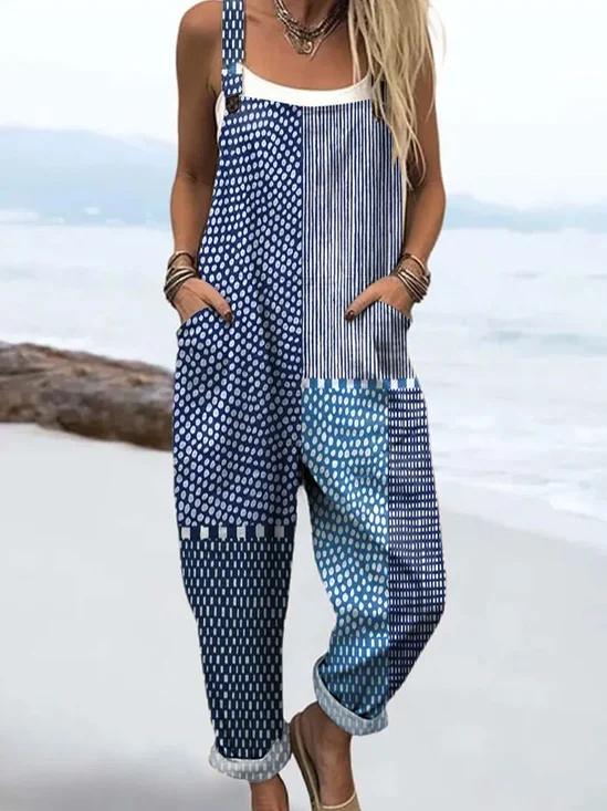 Women Striped Square Neck Sleeveless Casual Spring/Fall Bib Pants