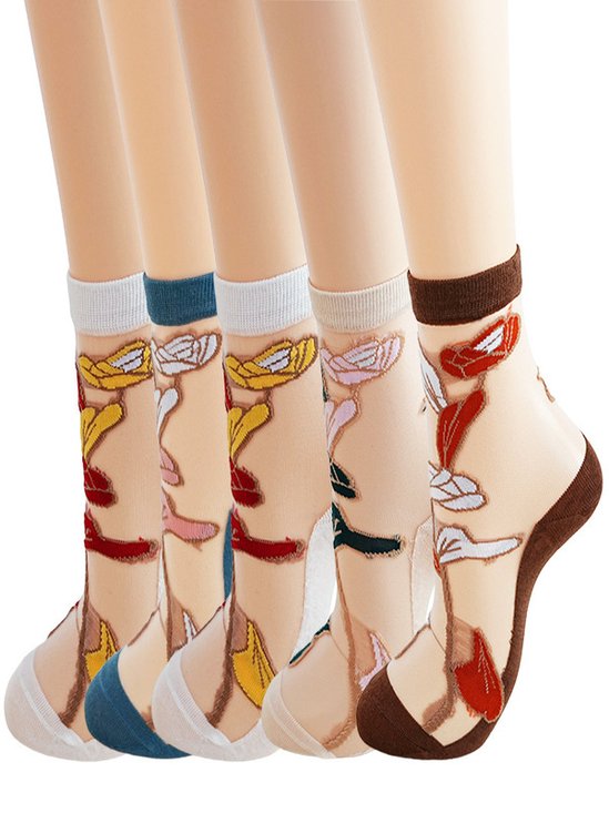 Hot Sale Women's Medium Tube Crystal Stockings Spring And Summer Thin Flower Print Glass Silk Women's Socks Non-slip Socks For Women