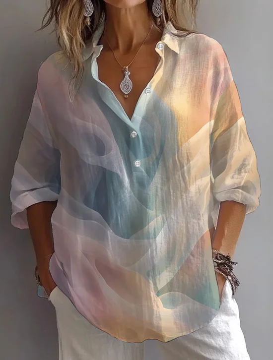 Women Abstract Long Sleeve Shirt Spring/Fall Printing Shirt Collar Daily Casual Top