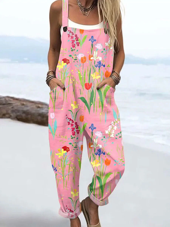 Women Floral Square Neck Sleeveless Casual Spring/Fall Bib Pants