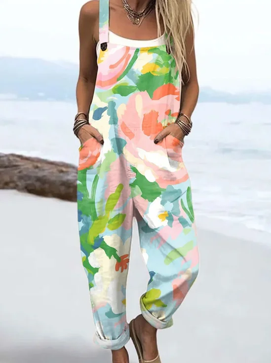 Women Floral Square Neck Sleeveless Casual Spring/Fall Bib Pants