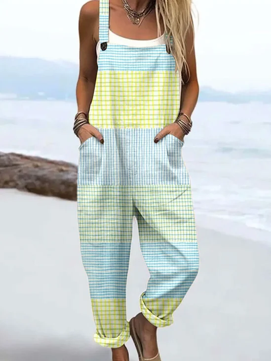 Women Striped Square Neck Sleeveless Casual Spring/Fall Bib Pants