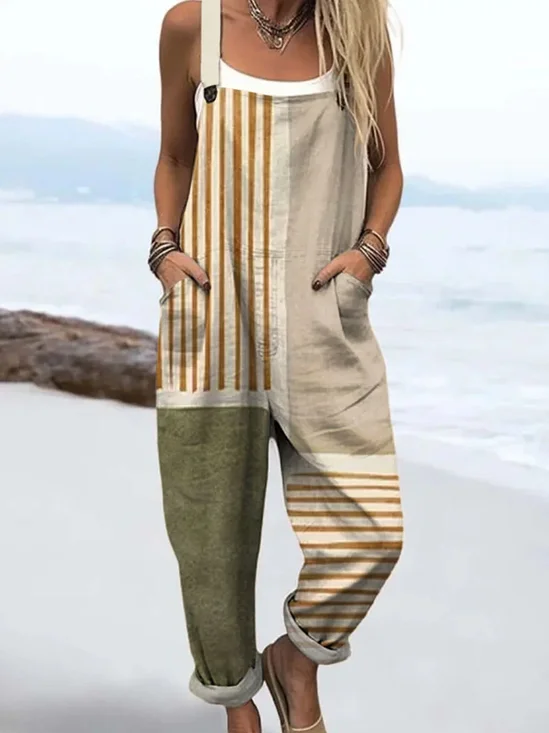 Women Striped Square Neck Sleeveless Casual Spring/Fall Bib Pants