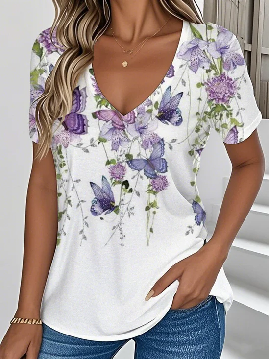 Women Floral Short Sleeve Tee T-shirt V Neck Casual Summer Top