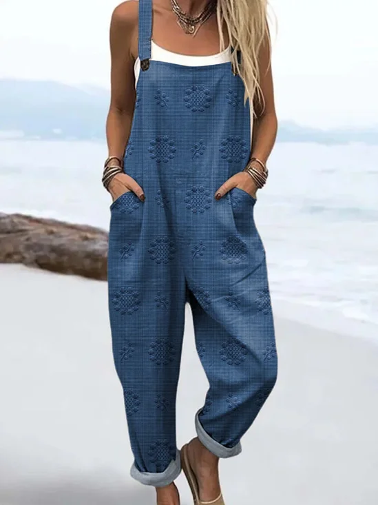 Women Floral Square Neck Sleeveless Casual Spring/Fall Bib Pants