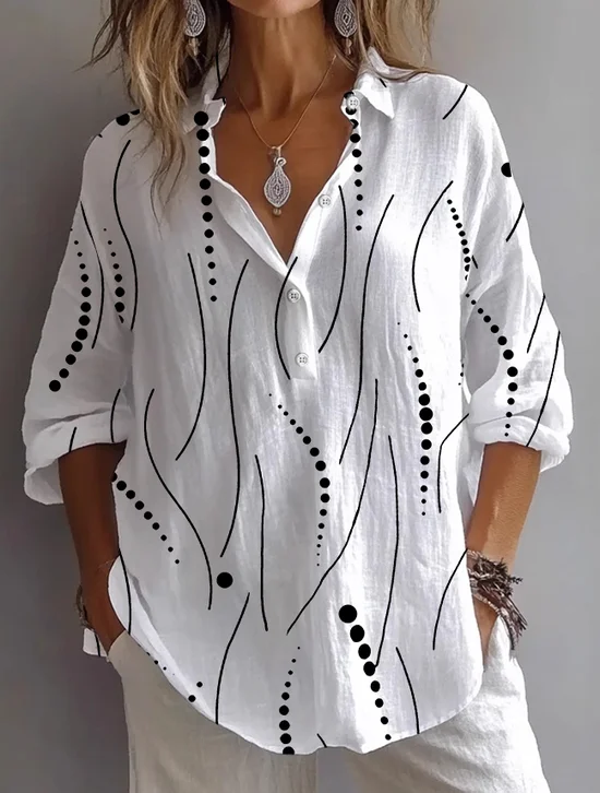 Women Striped Long Sleeve Shirt Spring/Fall Printing Shirt Collar Daily Casual Top