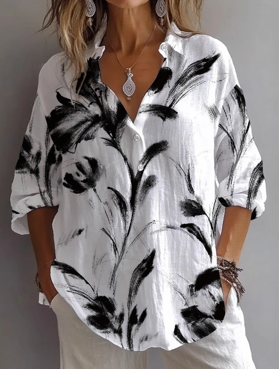 Women Floral Long Sleeve Shirt Spring/Fall Printing Shirt Collar Daily Casual Top