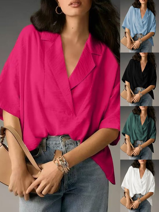 Women Plain Half Sleeve Shirt Summer Split Joint Shawl Collar Daily Casual Top