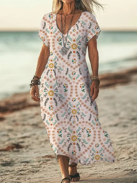 Women Floral Short Sleeve Summer Printing Dress V Neck Daily Casual Maxi X-Line Dress
