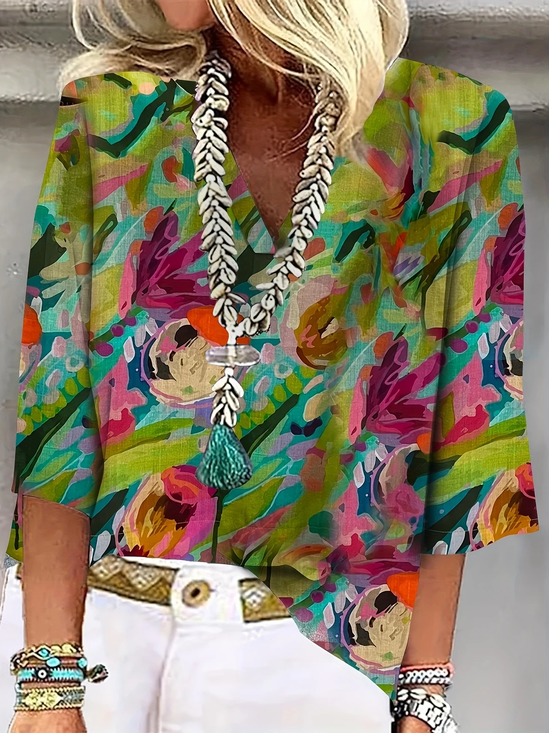 Women Floral Three Quarter Sleeve Blouse Spring/Fall Printing V Neck Daily Casual Top