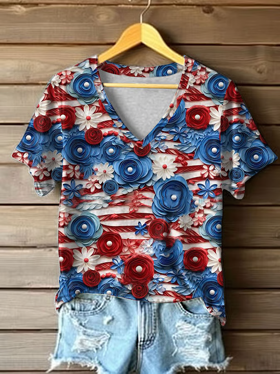 Women Floral Short Sleeve Tee T-shirt V Neck Printing Casual Summer Graphic Tee Top