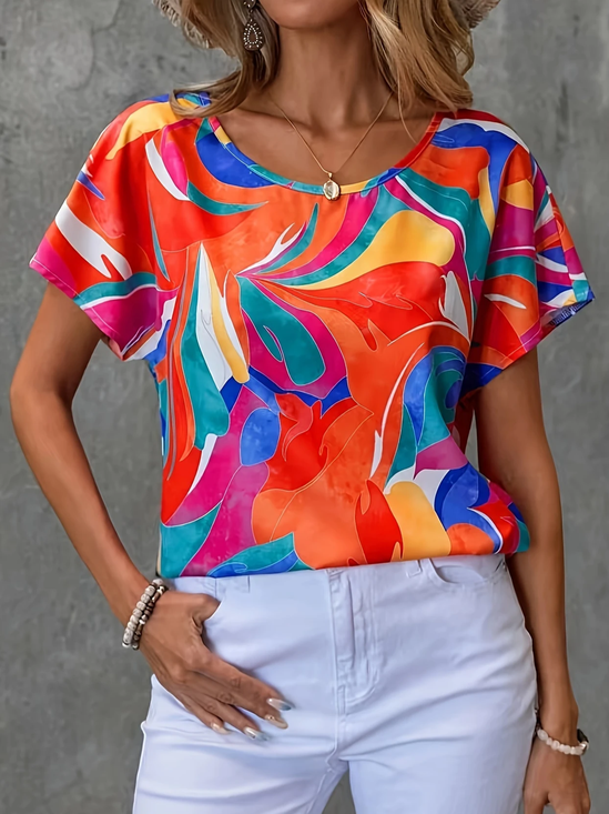 Women Abstract Short Sleeve Tee T-shirt Crew Neck Printing Casual Summer Graphic Tee Top