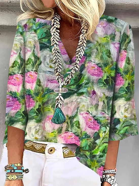 Women Floral Three Quarter Sleeve Blouse Spring/Fall Printing V Neck Daily Casual Top