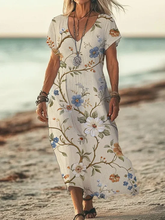 Women Floral Short Sleeve Summer Printing Dress V Neck Daily Casual Maxi X-Line Dress