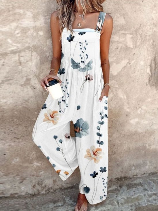 Women Floral Square Neck Gallus Casual Summer Cotton And Linen Jumpsuit