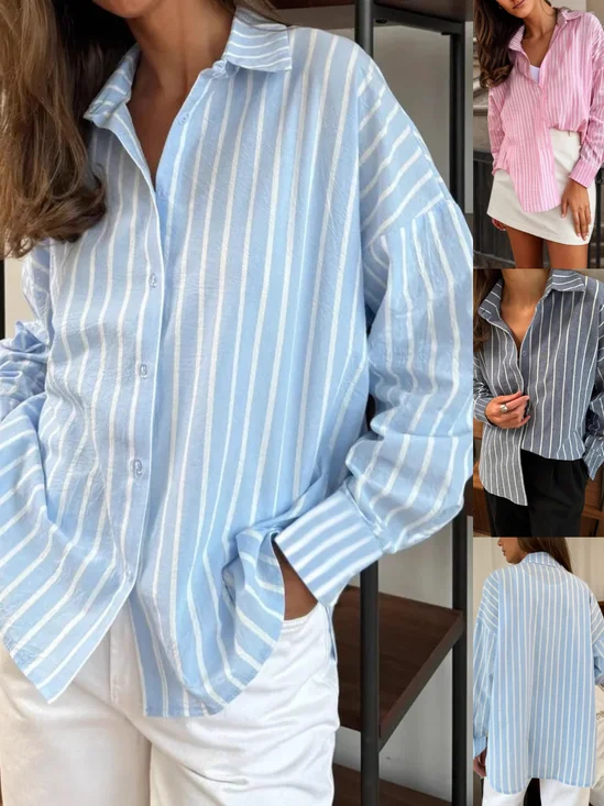 Women Striped Long Sleeve Shirt Spring/Fall Polo Collar Daily Casual Top