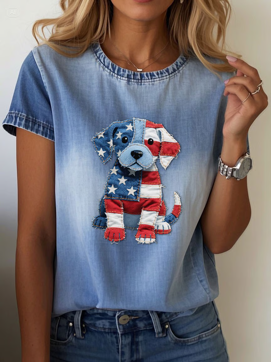 Women Dog Short Sleeve Tee T-shirt Crew Neck Printing Casual Summer Graphic Tee Top