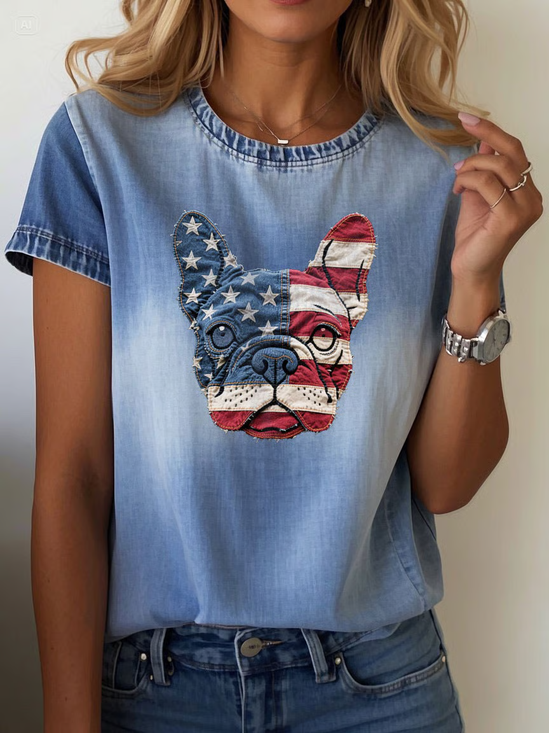 Women Dog Short Sleeve Tee T-shirt Crew Neck Printing Casual Summer Graphic Tee Top
